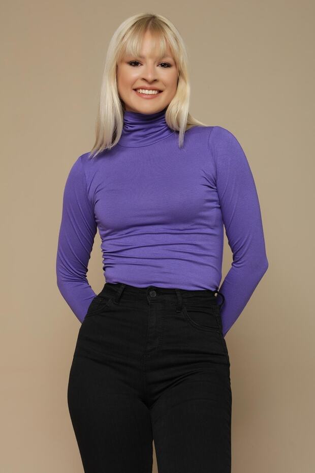 Kadın Mor Balıkçı Yaka Örme Bluz - 3