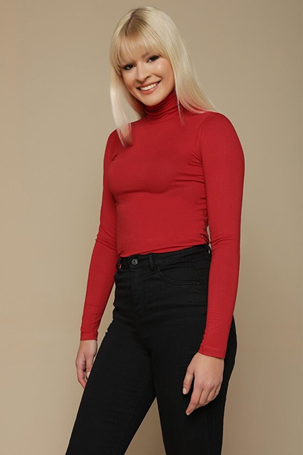 Kadın Kırmızı Balıkçı Yaka Örme Bluz - 2