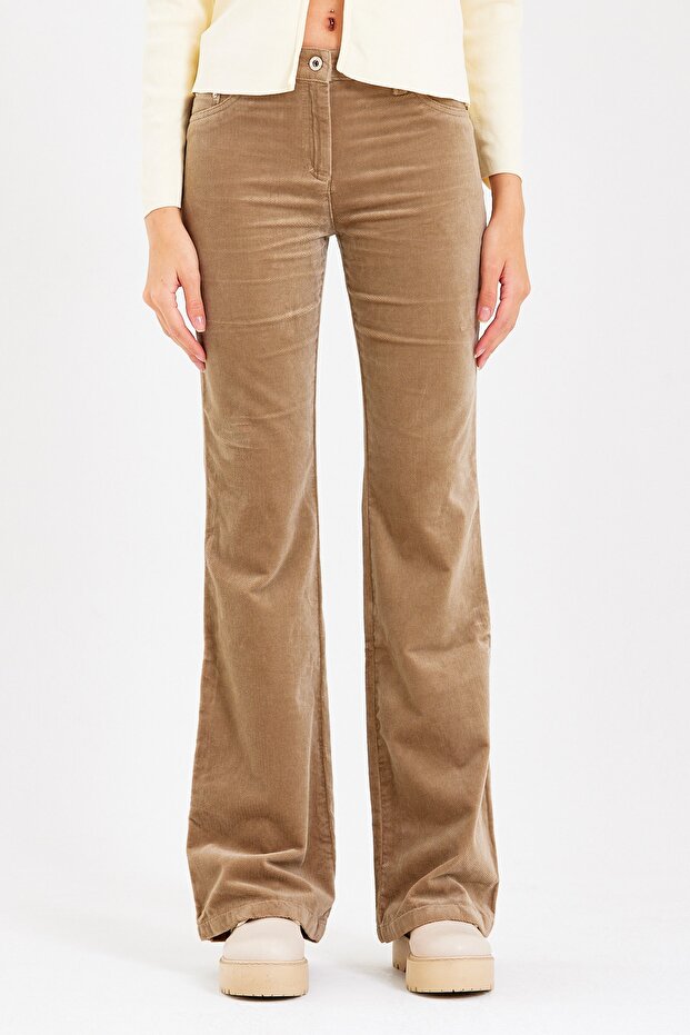 Vizon Flare Paça Düz Kadife Pantolon - 2