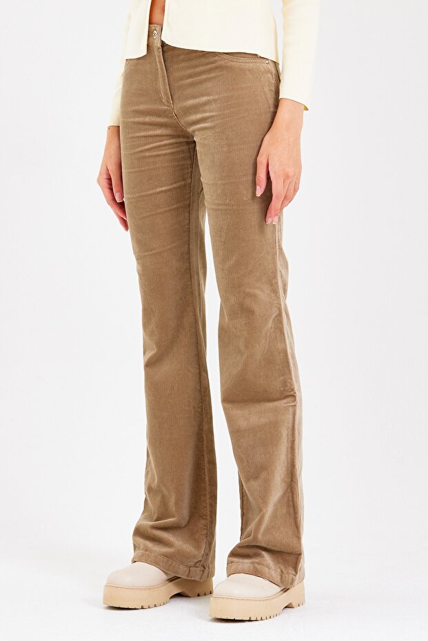 Vizon Flare Paça Düz Kadife Pantolon - 4