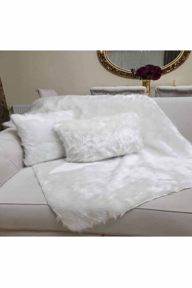 Plush 1 Sofa Throw & 2 Throw Pillow Set - White