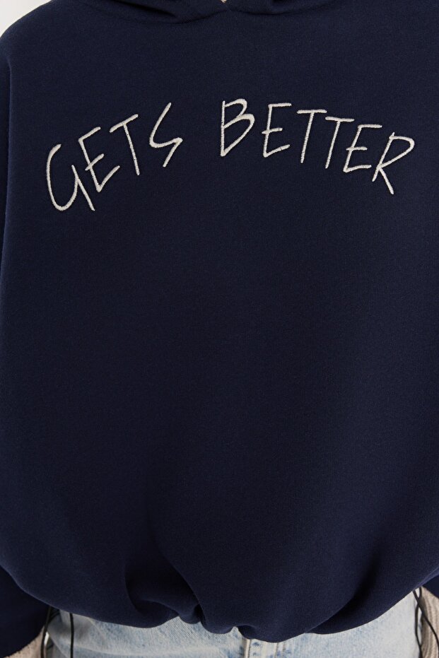 Lacivert Kalın İçi Polarlı Triko Bant Detaylı Kapüşonlu Örme Sweatshirt TWOAW22SW1806 - 6