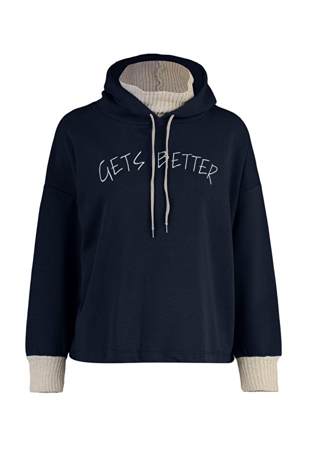 Lacivert Kalın İçi Polarlı Triko Bant Detaylı Kapüşonlu Örme Sweatshirt TWOAW22SW1806 - 8