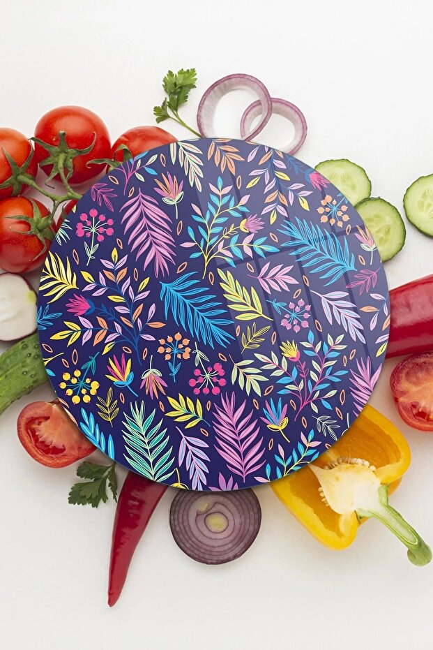 لوح تقطيع زجاجي منقوش بأوراق ملونة مستديرة - 1