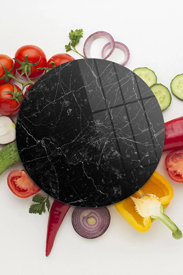 Round Black Granite Patterned Glass Cutting Board