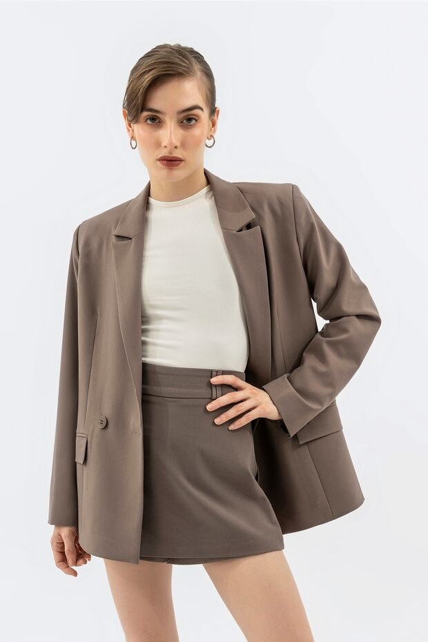 Yüksek Kaliteli Kumaştan Ipek Astarlı Blazer Ceket Vizon - 4