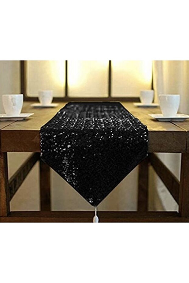 Siyah Püsküllü Pullu Payetli Masa Runner - 1