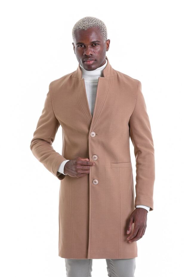 Camel Regular Fit Düz Mono Yaka Palto - 1