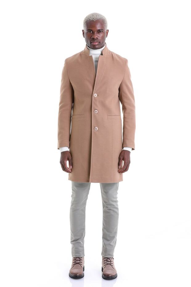 Camel Regular Fit Düz Mono Yaka Palto - 4