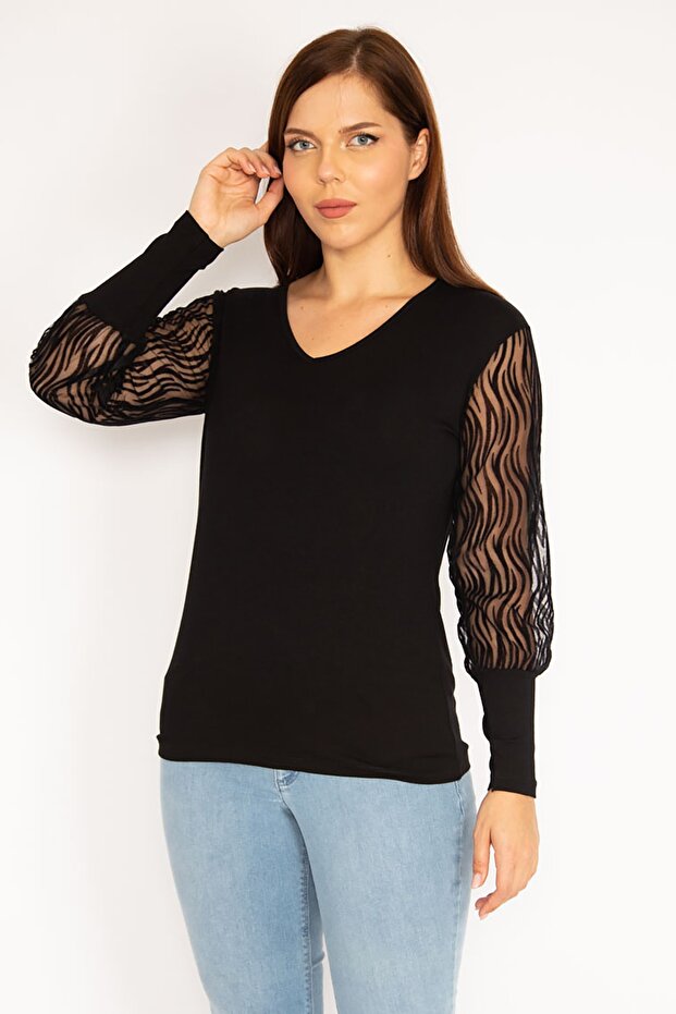 Women's Large Size Black Flock Detailed Blouse 65n35329