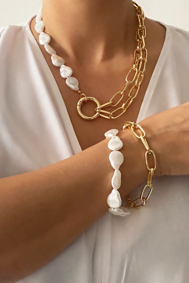 Baroque Pearl Chain Gold Necklace Bracelet Set