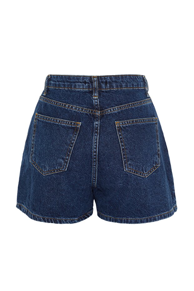 Koyu Mavi Önden Düğmeli Yüksek Bel Mini Denim Şort TWOSS22SR00112 - 8