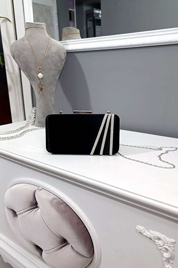 Black Satin Three Rows of Stone Evening Dress Box Model Women's Bag