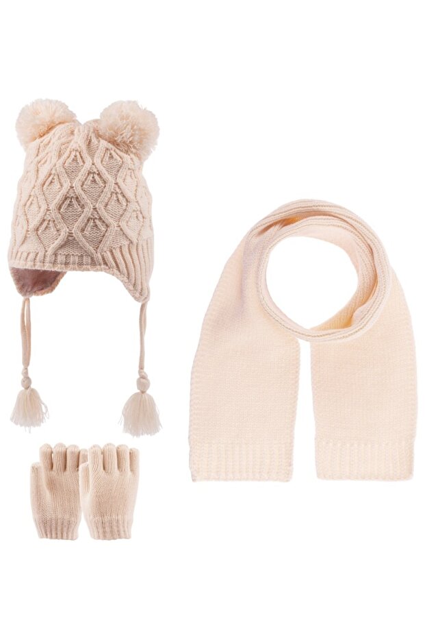 Girl's Çitf Pompom Beanie Scarf Gloves Set K22160-03 Salmon