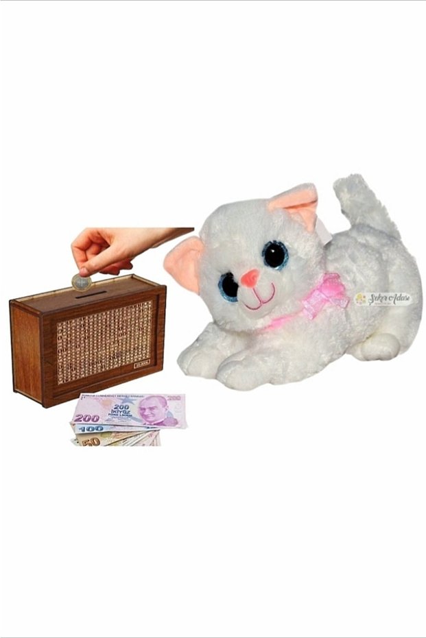 Cute Meowing Sound Cat 28 cm Plush and Wooden 10,000 Target Piggy Bank Money Saving Box