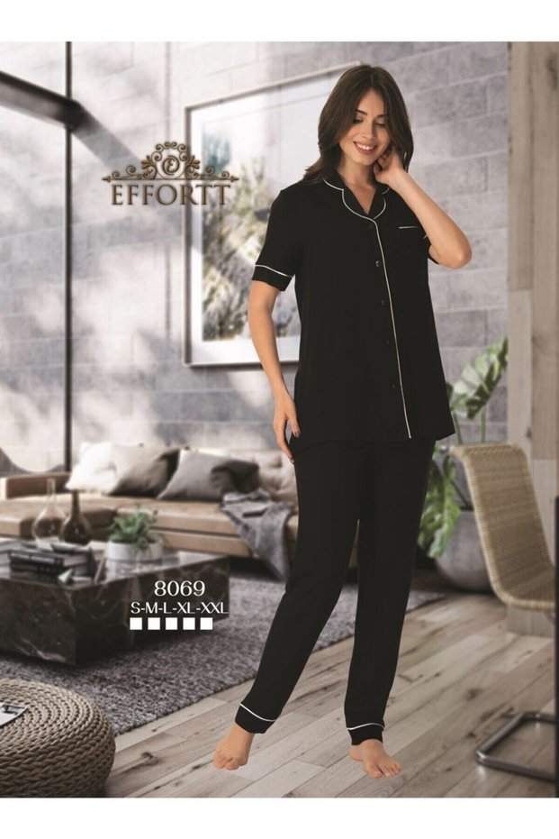 Effortt 8069 Black Short Sleeve Buttoned Front Pajamas