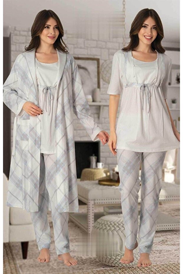 Women's Blue Maternity Pajamas Set with Easy Breastfeeding Feature and Dressing Gown 8044