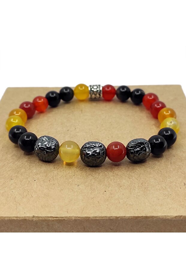 Yellow and Red Lion Bracelet with 8 mm Sphere Cut Agate and Hematite Embellished
