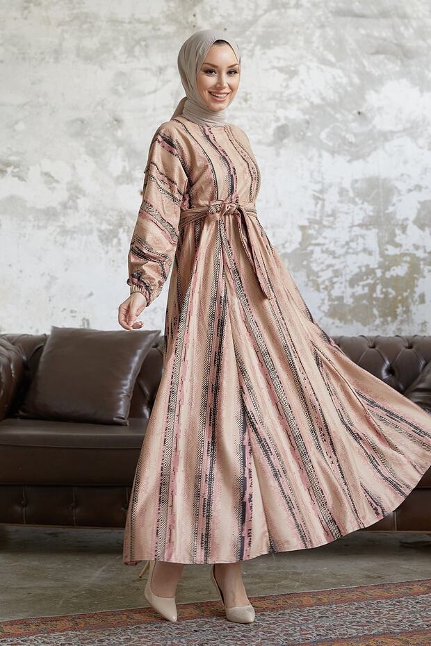 Elvira Patterned Mevlana Sleeve Hijab Dress - Powder