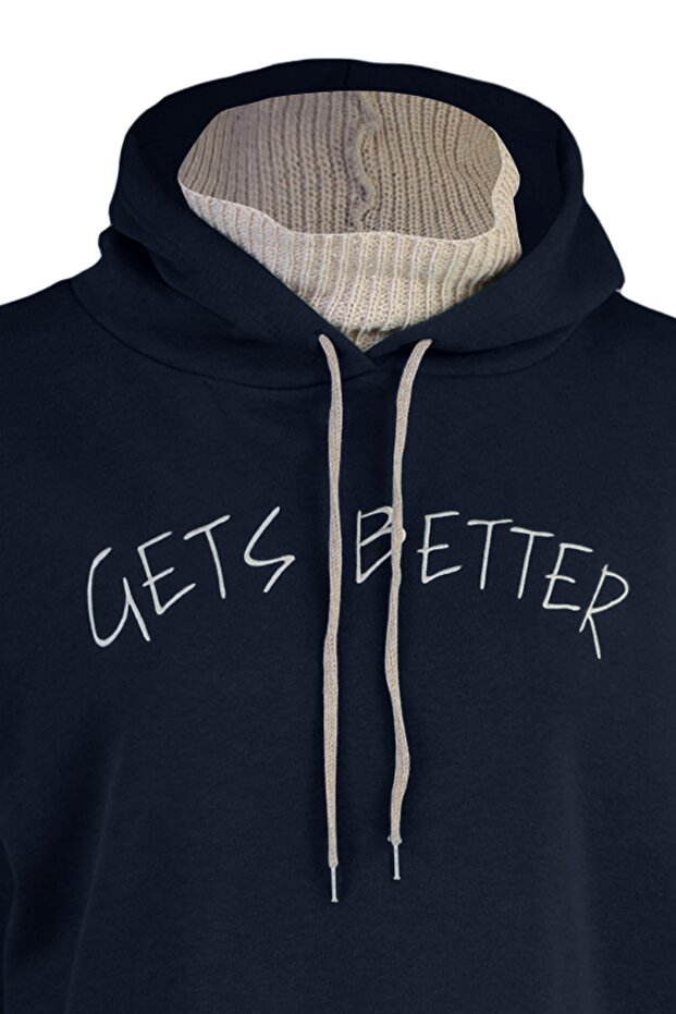 Lacivert Kalın İçi Polarlı Triko Bant Detaylı Kapüşonlu Örme Sweatshirt TWOAW22SW1806 - 9