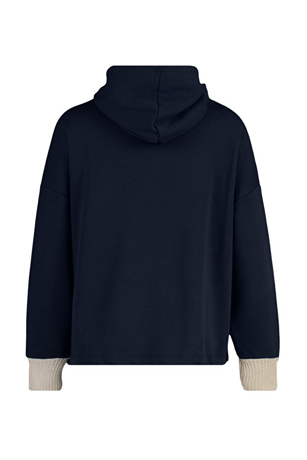 Lacivert Kalın İçi Polarlı Triko Bant Detaylı Kapüşonlu Örme Sweatshirt TWOAW22SW1806 - 10