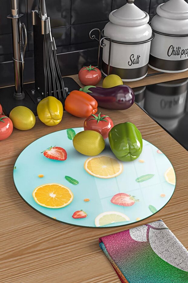 Fruit Patterned Round Glass Cutting Board - 5