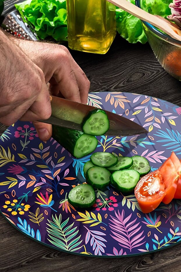 لوح تقطيع زجاجي منقوش بأوراق ملونة مستديرة - 3