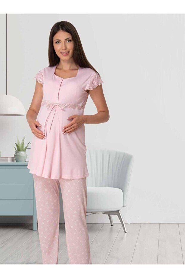 Effortt Lace Detailed Maternity Pajamas Set