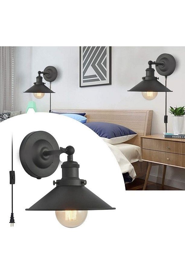 Retro Rustik Siyah Mafsallı Hareketli Başlık Fişli Ahahtarlı Kablolu Duvar Aplik Çap:23cm - 1