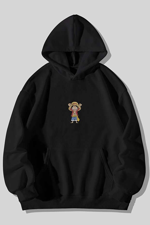 One Piece Luffy Printed Unisex Black Kangaroo Pocket Hooded Sweatshirt Hoodie