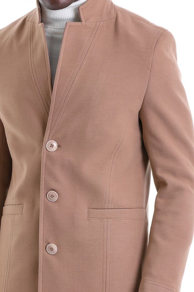 Camel Regular Fit Düz Mono Yaka Palto - 5