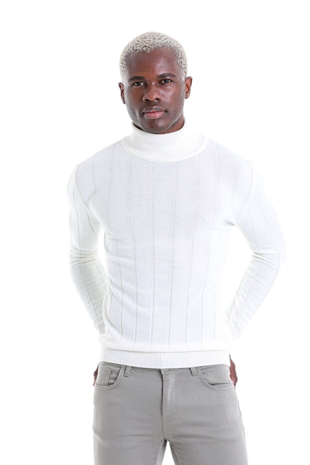Ecru Comfort Fit Ribbed Turtleneck Wool Wool Sweater
