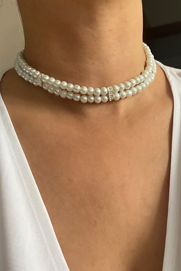 Double Row Zircon Stone Detail Glass Pearl Necklace