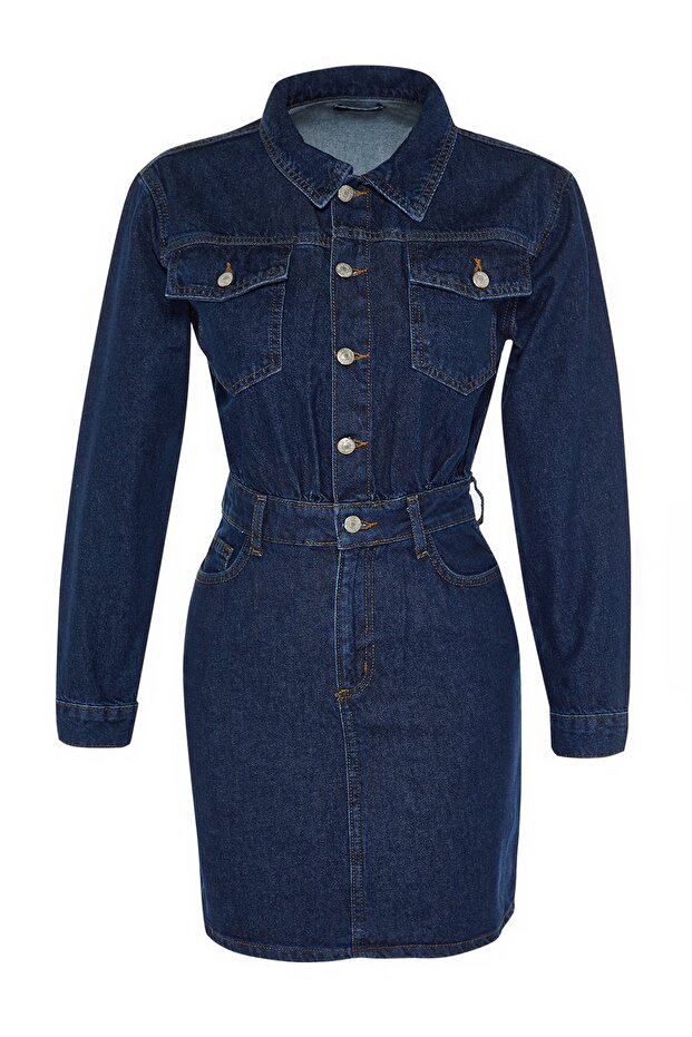 Mavi Cep Detaylı Mini Denim Gömlek Elbise TWOAW23EL00643 - 7