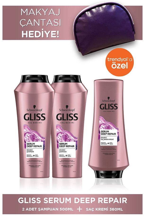 Serum Deep Repair Şampuan 500 ml X 2 Adet Saç Kremi 360 ml Mor Makyaj Çantası - 1