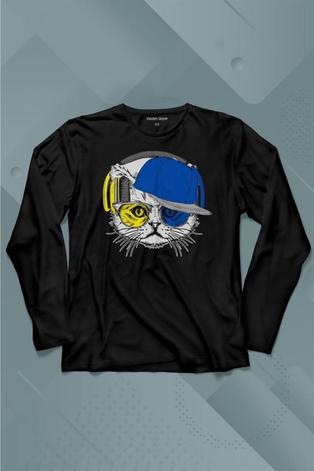 Cat Glasses with Glasses Yellow Navy Blue Cat Long Sleeve T-Shirt Printed Children's T-shirt