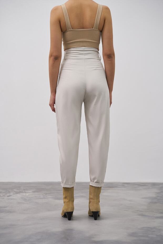 Yüksek Bel Slouchy Pantolon Bej - 3