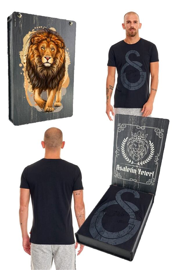 Original Ata Signature T-Shirt Black Special Design Lion Printed Wooden Boxed