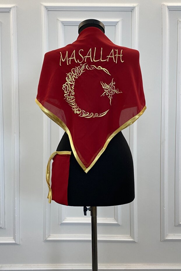 Triangle Red Circumcision Cover, Chiffon Gold Star and Crescent Mashallah Embroidery, Circumcision Henna, Circumcision Wedding