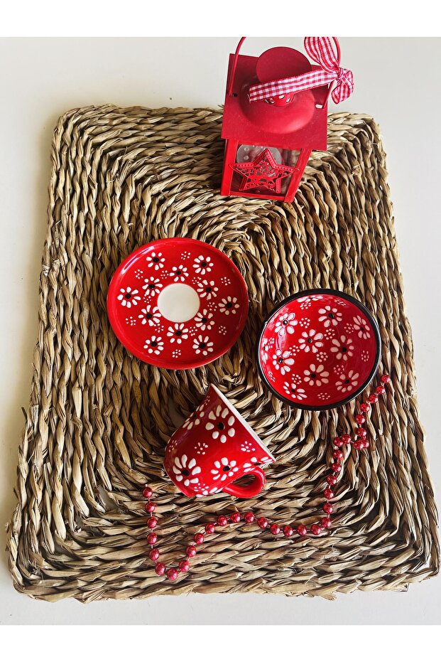 Mother's Day Special Red Daisy Flowering Single Coffee Cup and Bowl Turkish Delight Bowl