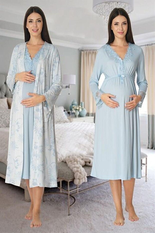 Women's Blue Pattern Maternity Nightgown with Dressing Gown 8095