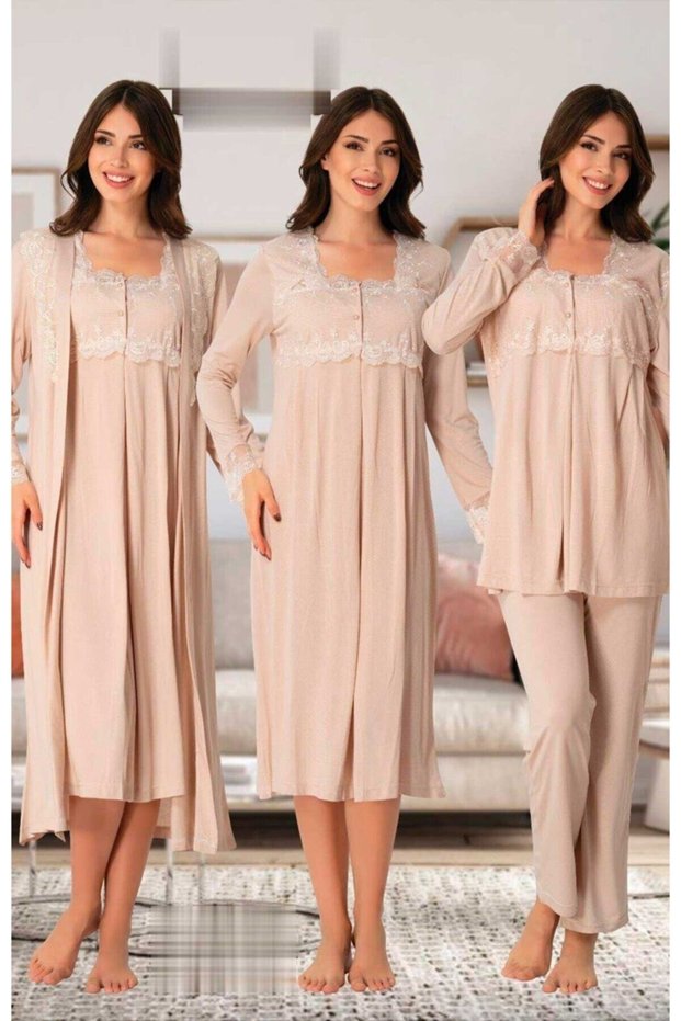 Women's Milk Coffee Lace Long Sleeve Maternity Maternity Dressing Gown Pajama Set and Nightgown Set of 4