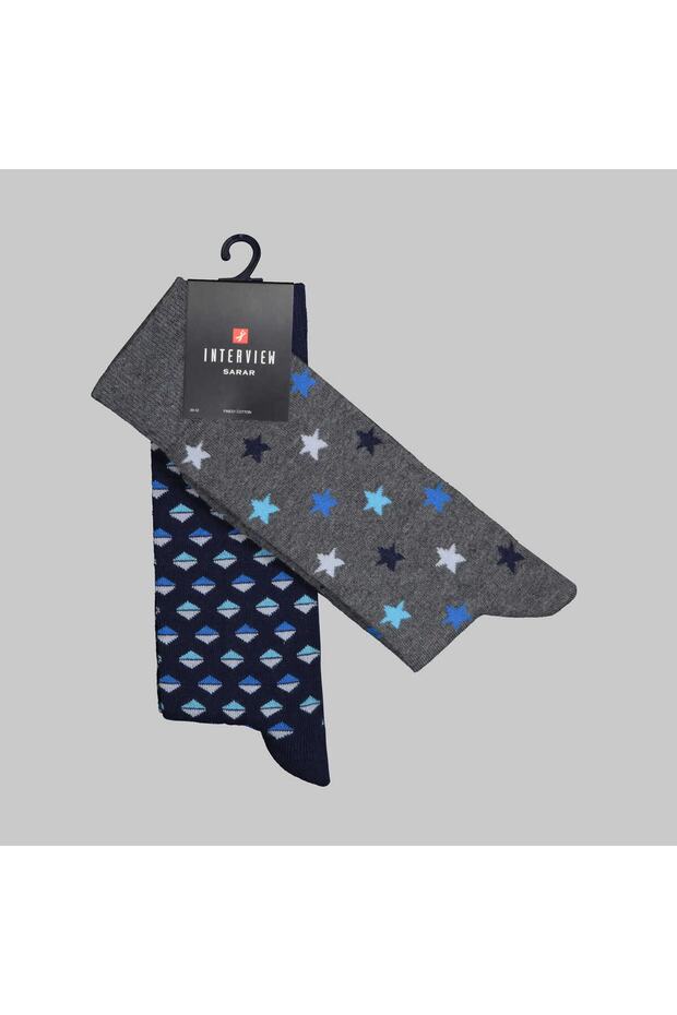 Star Geometric Pattern Navy Blue Gray 2-Piece Socks