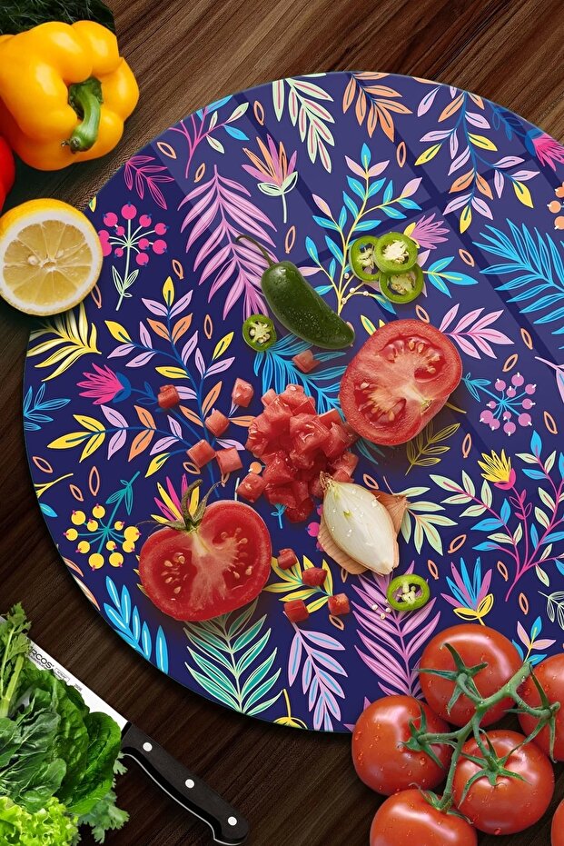 لوح تقطيع زجاجي منقوش بأوراق ملونة مستديرة - 2