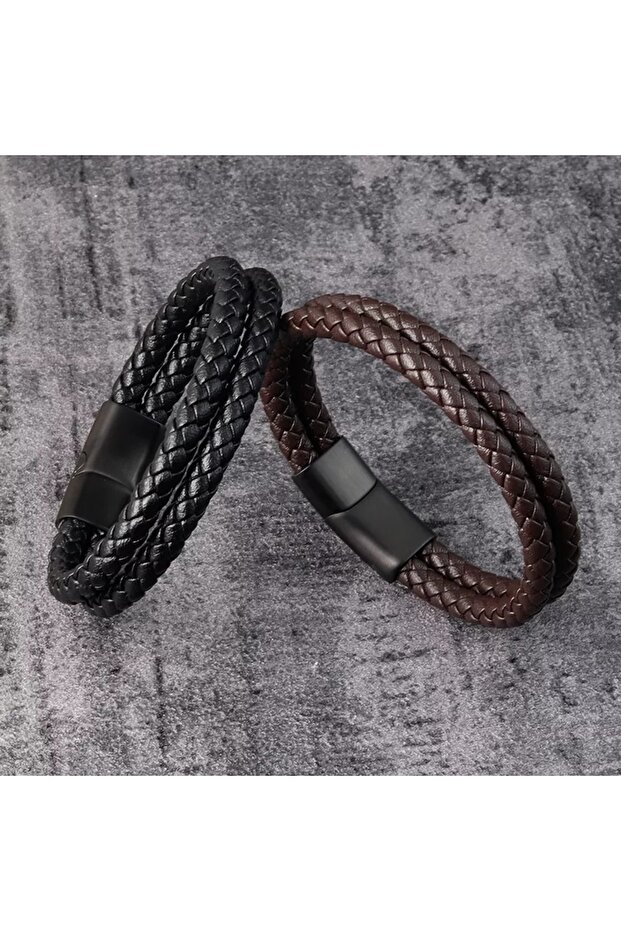 Set of 2 Black Brown Braided Leather Bracelets