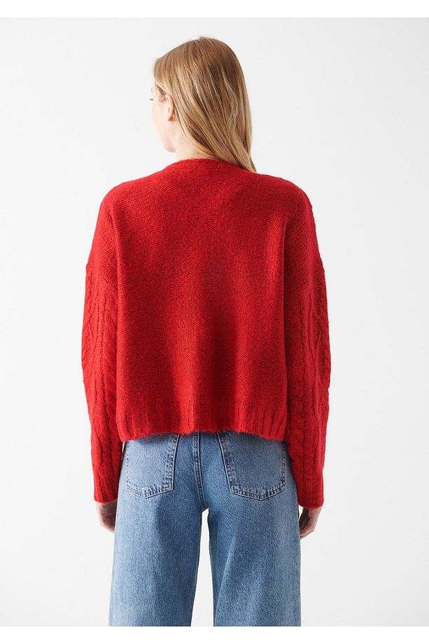 Kırmızı örgü chunky puffy kısa hırka, crop hırka - 4