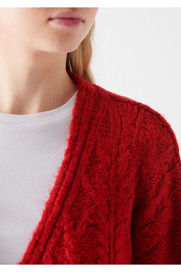 Kırmızı örgü chunky puffy kısa hırka, crop hırka - 5