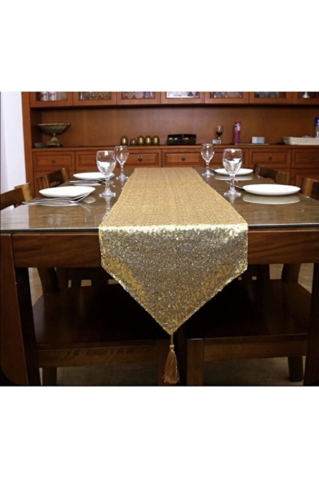 Püsküllü Pullu Payetli Masa Runner - Gold - 1