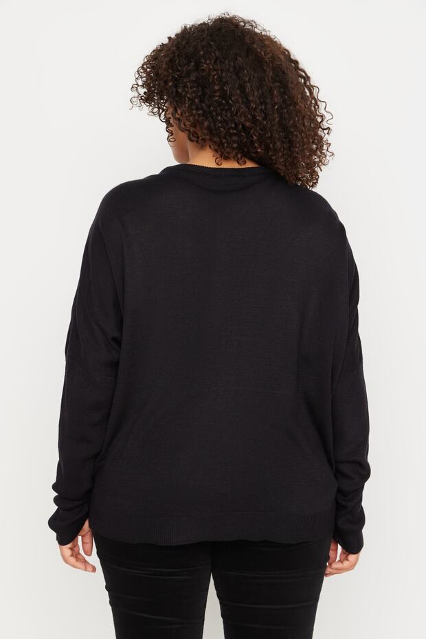 Czarny, tiulowy, szczegółowy sweter z cienkiej dzianiny z niskimi ramionami TBBAW23AN00185 - 5