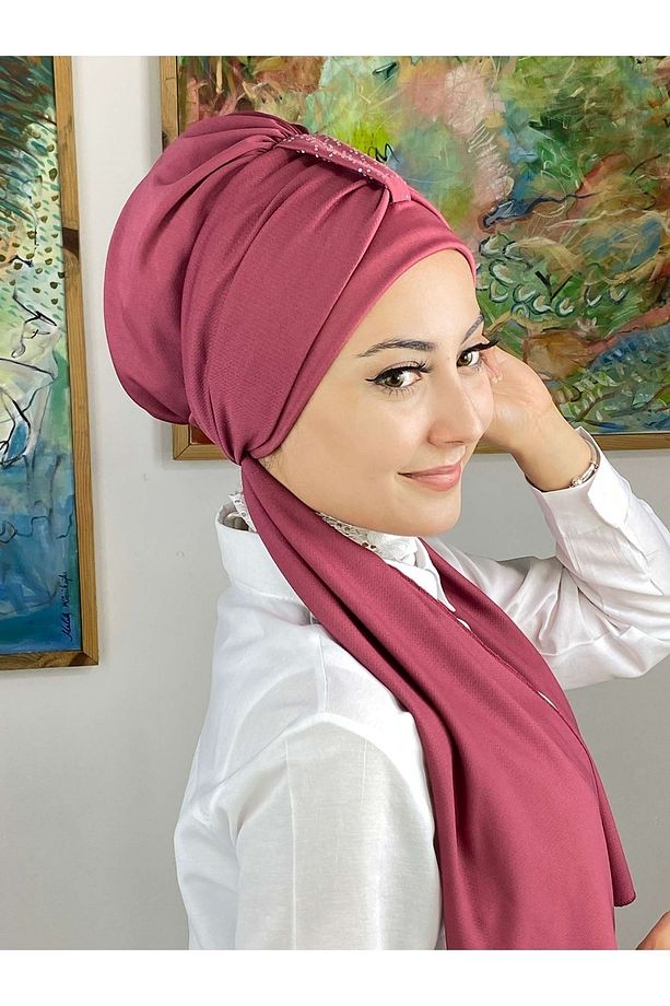 Hürrem Taşlı Tek Biritli Atkılı Koyu Gül Kurusu Bone - 1